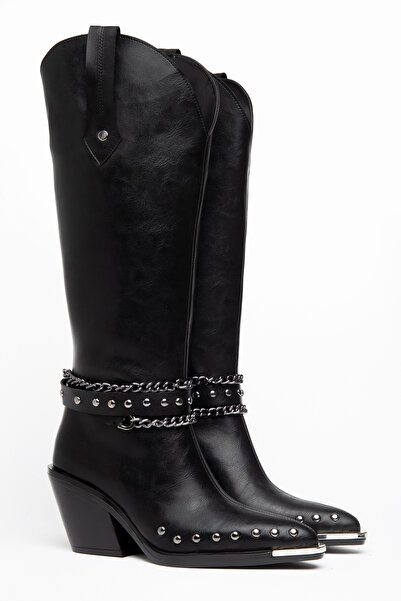 DENORA Black Matte Leather Metal Toe Cap Below Knee Staple Belt Detail Wester...
