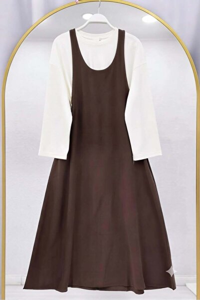 modasindoma Women's Blouse Detailed Salopet Gilet Dress Brown