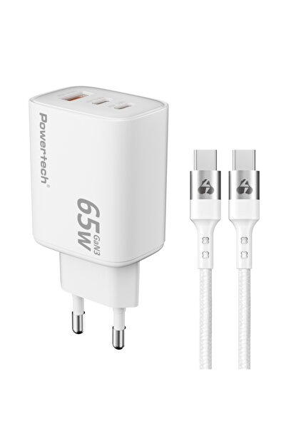 POWERTECH φορτιστής τοίχου PT-1415 με καλώδιο, USB/2x USB-C, 65W, GaN, λευκός
