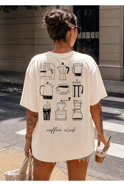 Vordevia Coffee Club Back Printed Cotton Oversize T-Shirt