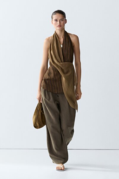 Massimo Dutti Çizgili dökümlü halter yaka total look top