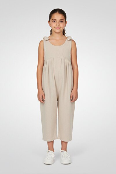 Litlhood Kids Girl Textured Sleeveless Jumpsuit, Beige