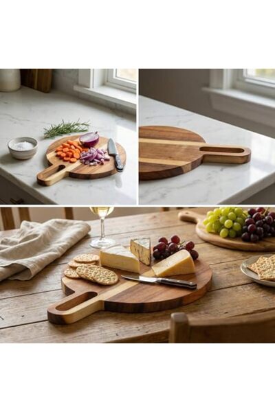 Yıldızan Nry Shop Natural Acacia Wood Round Cutting Board and Presentation Tr...
