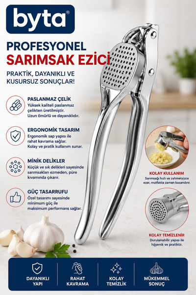 BYTA Professional Stainless Steel Garlic Crusher Garlic Press Ergonomic Kitch...