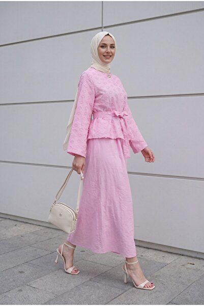 Modamorfo Single Button Belted Skirt with Pockets Embossed Patterned Jacquard...