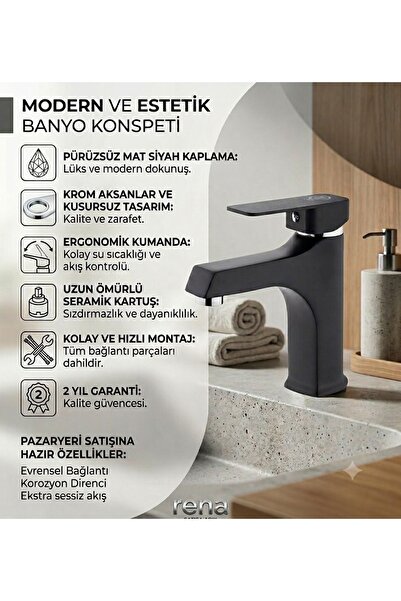 RENA DESIGN Sink Faucet Matte Black Luxury Heavy Body Brass Bathroom Water Sa...
