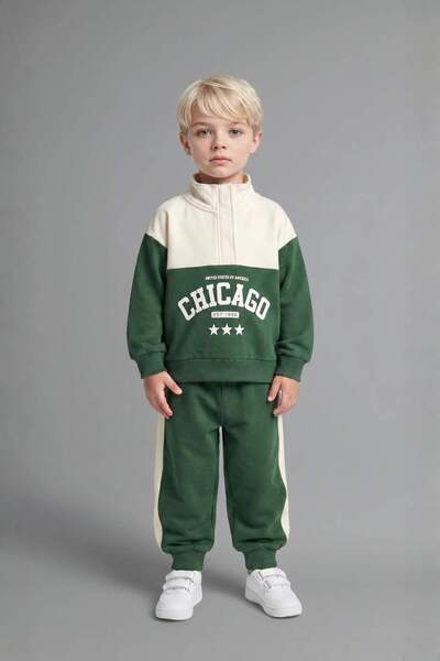 DeFacto High Collar Printed Sweatshirt and Sweatpants 2-Piece Set for Baby Bo...