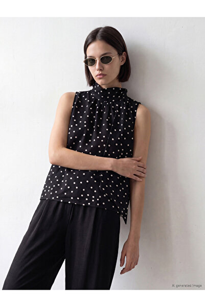 LC Waikiki Nevavm Shawl Detailed Stand Collar Polka Dot Blouse with a Difference