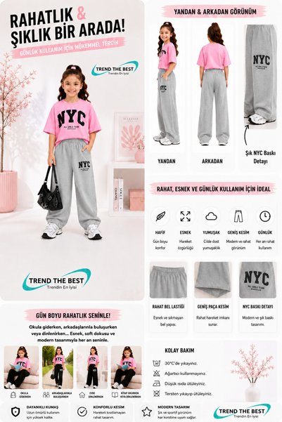 TREND THE BEST Trendin En İyisi Summer Girl Boy Unisex Kids Nyc Printed Gray Sweatpants and T-Shirt
