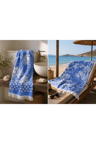 Missi Ege Esintisi Jacquard Peshtemal - Μπλε μοτίβο λωτού - 100% βαμβακερό πε...