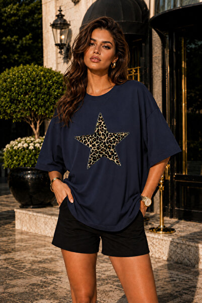 FECCY Premium Leopard Star Printed Oversize Women's T-Shirt Cotton Oversize T...