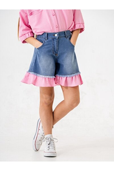 GİYİCEM TEKSTİL Girl's Garnished Denim Shorts 2867