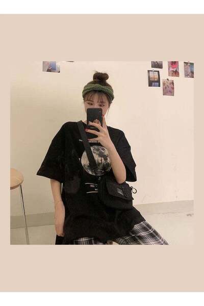 Generic Summer Middle Long Short Sleeve Letter Crew Neck T-Shirt Black