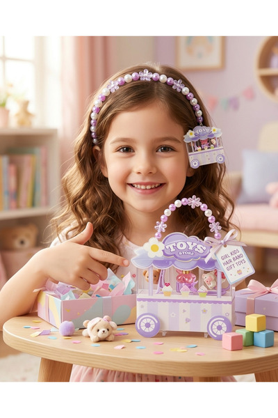 Purple Shade Kids Hair Accessory Gift Set with Pearl Flower Headband, Hair Bands & Clips, Miniature Toy Store Playset