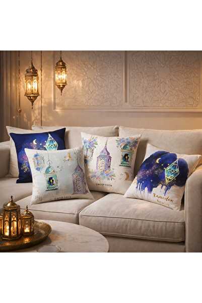 HI-FINE 4 قطع أغطية وسائد كريم مقاس 45×45 سم بتصميم فانوس مائي وقمر ونجوم، أغ...