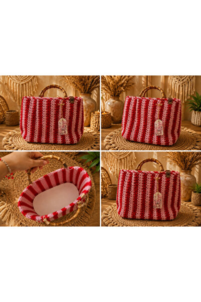 Handmade Geantă croșetată cu dungi roșii și roz și mânere din bambus – Stil B...