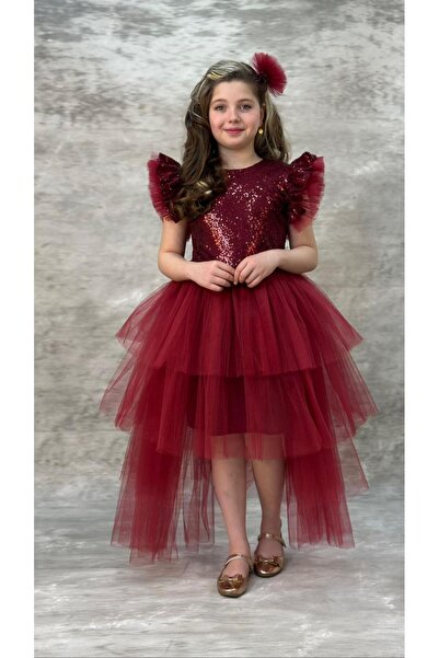 pistyle Girls' Burgundy Sequined and Beaded Tail Evening Gown and Graduation ...