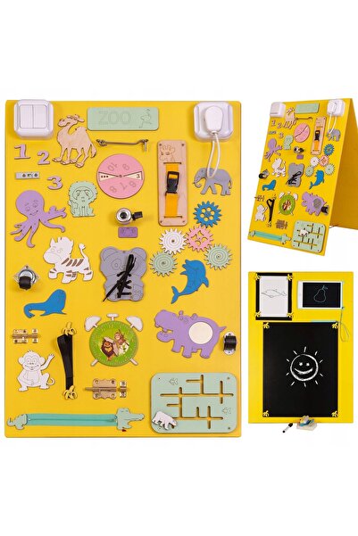 3toysm Tabla Manipulativa Montessori Zoo 4in1, lemn, dubla, pliabila, 50x75x6cm