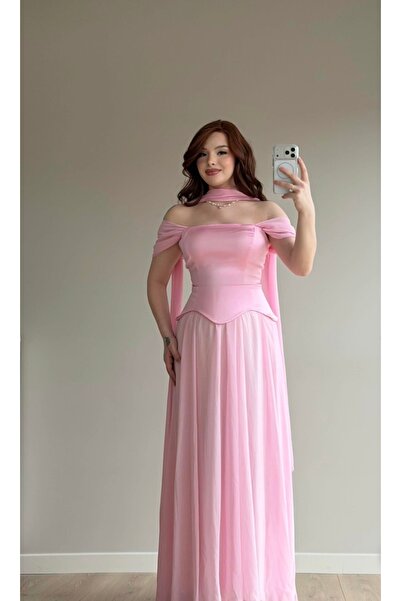 ayşenur Dinçer butik Luvia Saten Korseli Fularlı Abiye Pembe