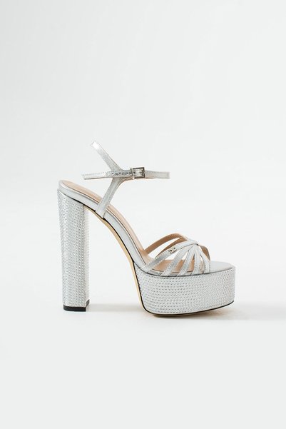 FOLLİNİ Women's Genuine Leather Stone-Embellished Platform Shoes Silver