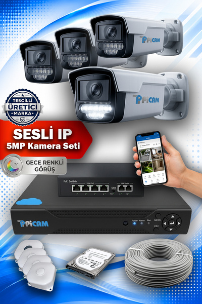 Picam 4 Kameralı | 500 GB | 5MP IP POE | SESLİ | RENKLİ Gece Görüş | Güvenlik...