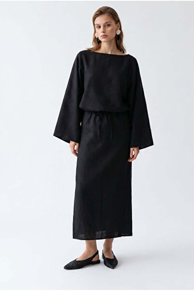Mixray 2143 Women's Bat Sleeve Waist Tie Slit Long Dress Black