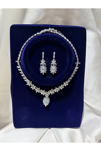 B & S Kristal Taşlı Kolye Küpe Seti-Düğün Nişan Özel Gün Seti