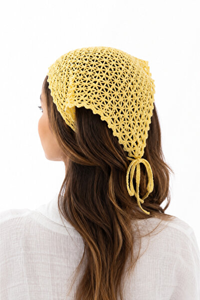 NEHOLİA Hand Knitted Triangle Bandana Women's Yellow Summer Hair Bandana Bohe...