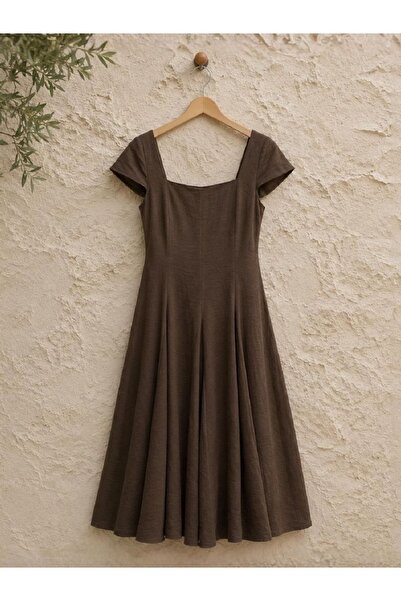 KÜÇÜĞÜM BUTİK Coffee Linen Square Neck Short Sleeve Flowy Dress