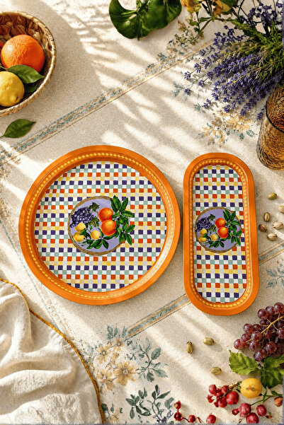 Sarkap Home 34 cm Lemon Design Turuncu Tepsi ve 16x35 Oval Tepsi Seti