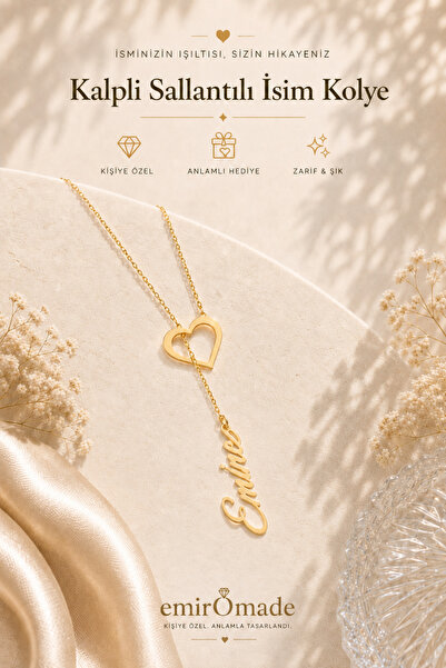 emirOmade 925 Ayar Gümüş Kişiye Özel Kalpli Sallantılı İsimli Kolye Gold Reng...