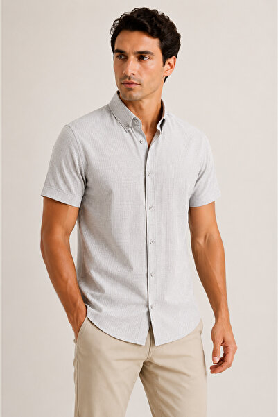 FSR FUSARO Erkek Gofre Kısa Kollu Slim Fit Gömlek Düğmeli Yaka Yazlık