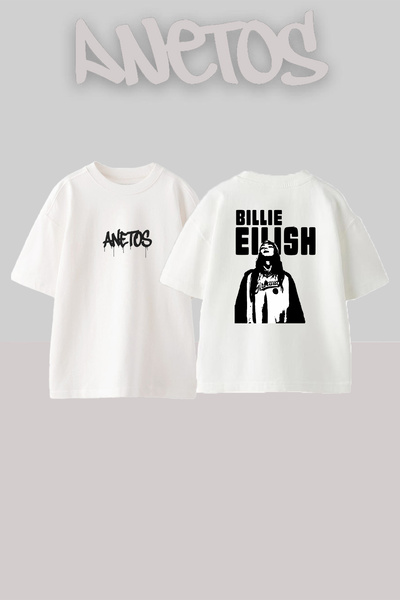 Anetos Billie Eilish_68 Λευκό μπλουζάκι με τυπωμένο σχέδιο Unisex Oversize