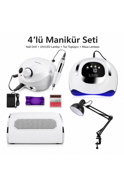 QNAİL PROFESSİONAL Profesyonel 4’lü Manikür Seti Nail Drill UV LED Lamba Toz ...