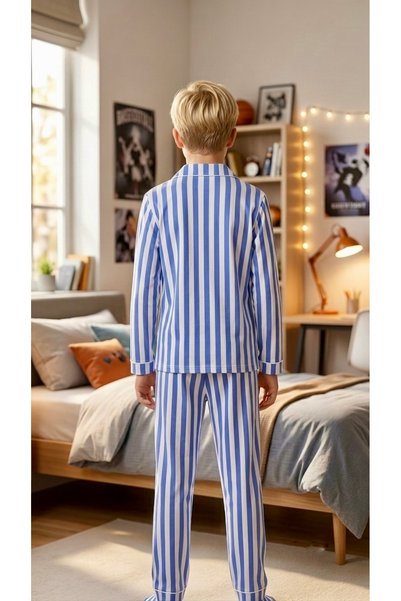 Enie Boy's Blue Cotton Striped Long Sleeve Pajama Set + Eye Patch