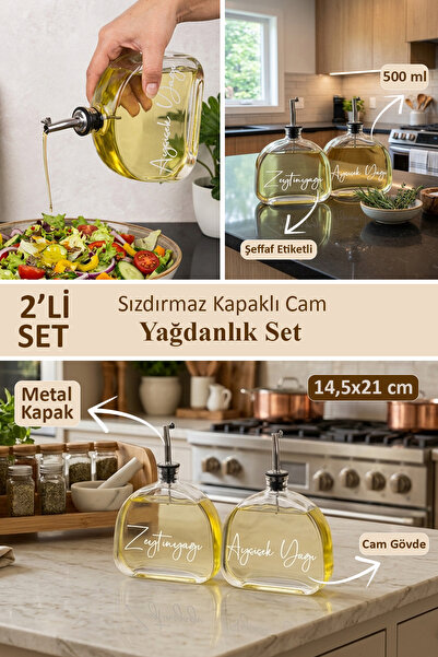 dnshome Set of 2 Glass Oil Bottles 500 ml Silver Lid Luxury Transparent Label...