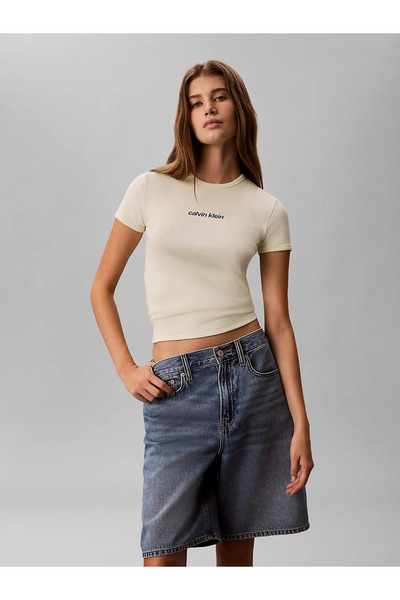 Calvin Klein Women's Slim Fit Round Neck Logo Detailed Short Sleeve Beige T-S...