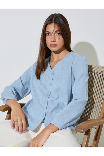 Styli Blue Jacquard Casual Blouse