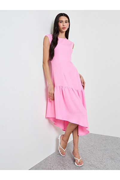 Styli Pink Asymmetric Hem A-Line Midi Dress