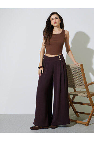 Take Two By Styli Brown Fold-Pleat Detail Wide Leg Pants