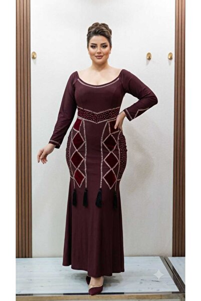SERA Luxury Burgundy Crystal Embroidery Evening Dress