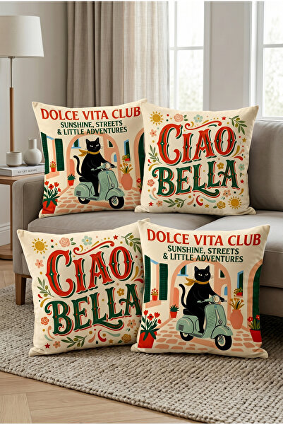 Sakallı Ciao Bella Written on Vespa and Black Cat Patterned 4-Piece Decorativ...