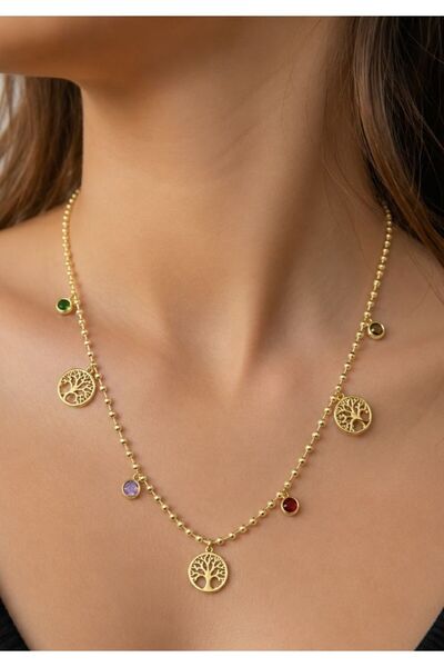 XUPING JEWELRY Hayat Ağacı Figürlü Renkli Taş Detaylı Gold Çelik Kolye