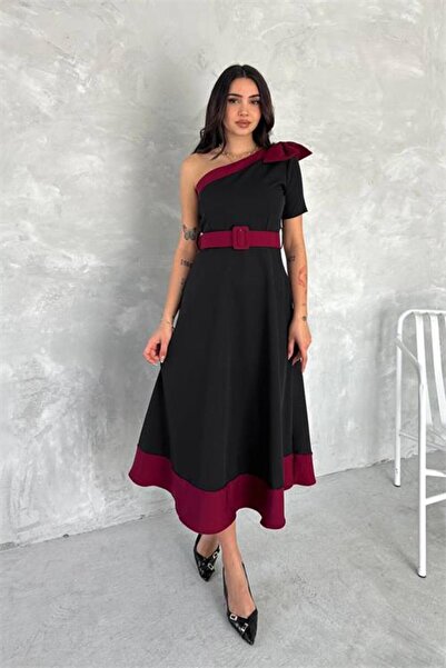 Neşeli Butik Rochie midi neagră, evazată, cu un singur umăr și detaliu fundă,...