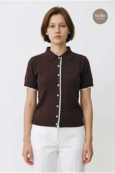 Bisou Polo Collar Short Sleeve Lace Detailed Knitted Cardigan
