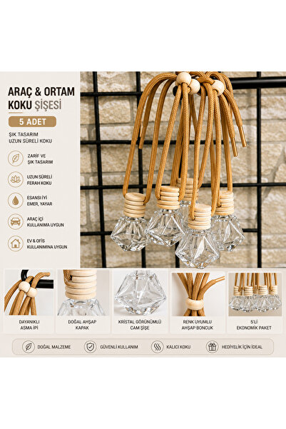 5’li Araç Oto Koku Şişesi Boş Cam Şişe Ahşap Kapaklı Askılı Oto Difüzör Şişesi 8 ml