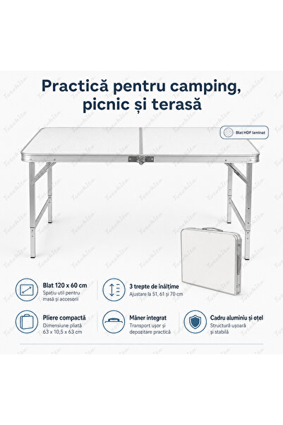 OEM Masa pliabila camping, picnic, gradina si terasa, reglabila pe inaltime, 120 x 60 cm