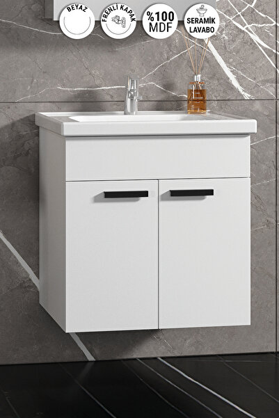ÖZCEDEN Çiğdem Kulplu 55 cm Beyaz MDF Seramik Lavabolu Asma Banyo Alt Dolabı