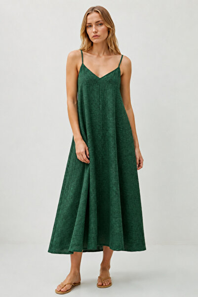 World Fashion Trends V-Neck Woven Fabric Long Dress with Adjustable Straps