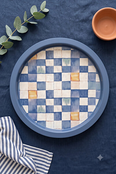 EVLE Metal Tray, 31.5 cm Blue Checkers